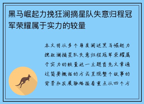 黑马崛起力挽狂澜摘星队失意归程冠军荣耀属于实力的较量