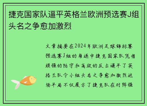 捷克国家队逼平英格兰欧洲预选赛J组头名之争愈加激烈