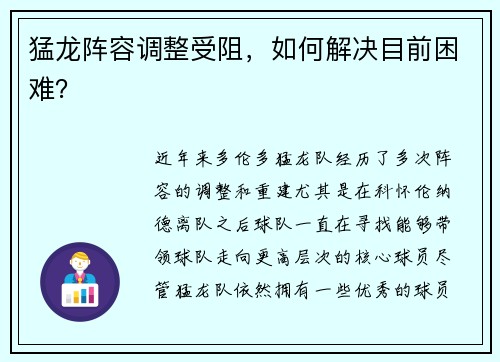 猛龙阵容调整受阻，如何解决目前困难？